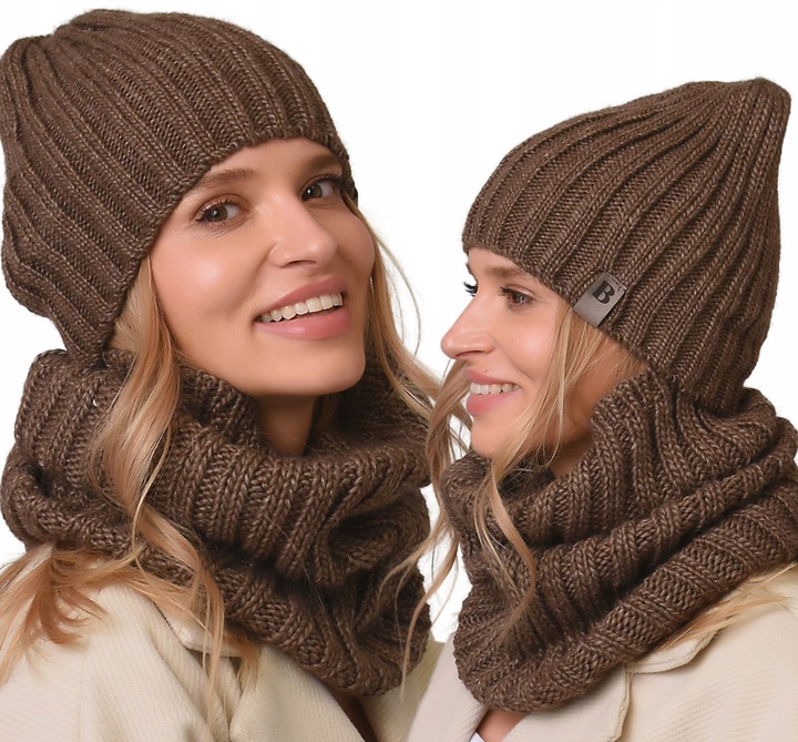 damski Komplet brązowyi zimowy CZAPKA Z KOMINEM ciepły ZESTAW polski Be4