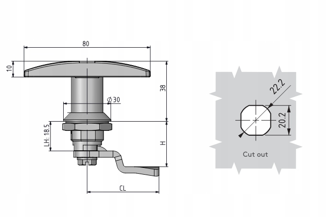 Zamek ćwierć obrotowy z uchwytem typ T na jeden klucz/ korpus 18,5mm