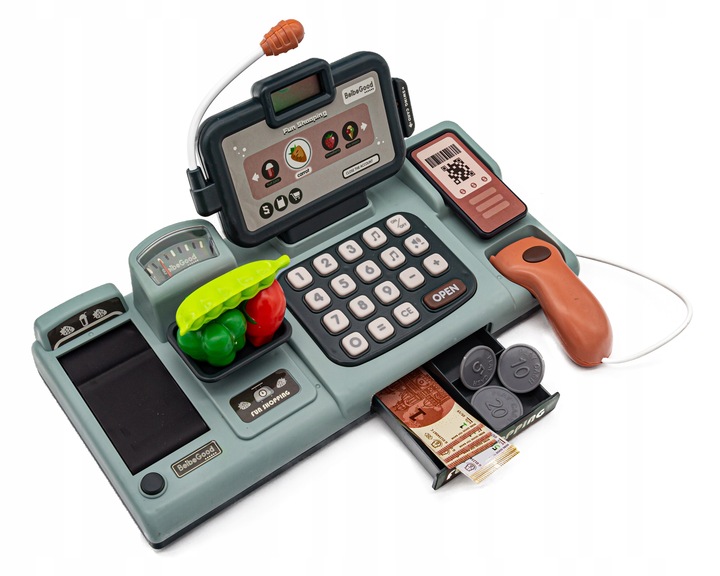 Edukacyjna Sklepowa Kasa Fiskalna Mikrofon Waga Koszyk Czytnik Kodów Monety