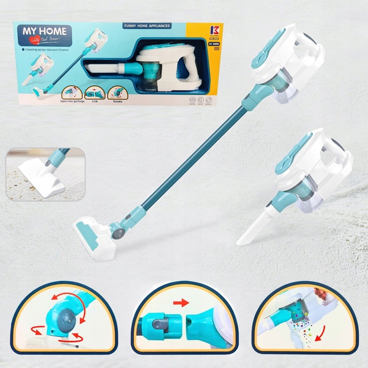 Odkurzacz dla dzieci 10w1 SSANIE DŹWIĘK ŚWIATŁO LED 3 KOŃCÓWKI POJEMNIK MOC