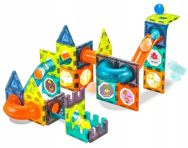 Świecące KLOCKI MAGNETYCZNE świecący tor kulkowy ZESTAW XL kulodrom 75 el.