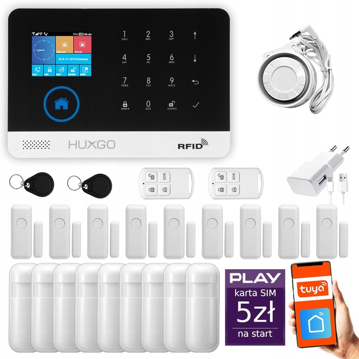 Alarm bezprzewodowy GSM + WiFi z aplikacją TUYA , zestaw , HUXGO HXA003