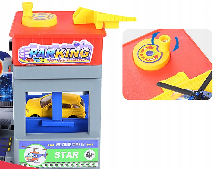 Duży parking garaż wielopoziomowy Tor Winda 4 Autka Helikopter