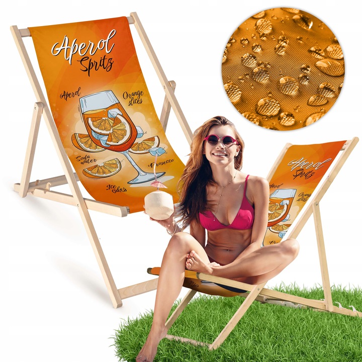 Leżak OGRODOWY DRAWNIANY JASNY nadruk APEROL SPRITZ na PLAŻĘ TARAS BALKON