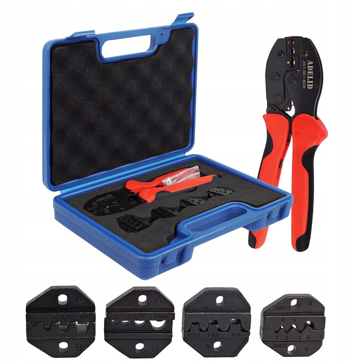 PRASKA Z WYMIENNYMI MATRYCAMI 5 MATRYC ZESTAW ZACISKARKA KONEKTORÓW TULEJEK