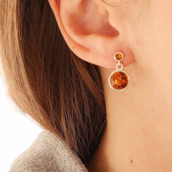 KOLCZYKI SREBRNE z Bursztynem DELIKATNE Wiszące Sztyft SREBRO 925 PREZENT