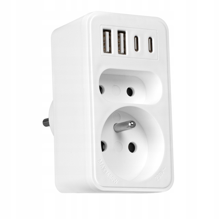 ROZGAŁĘŹNIK ELEKTRYCZNY 2 GNIAZDA ZŁODZIEJKA ŁADOWARKA 2x USB-C 2xUSB VAYOX