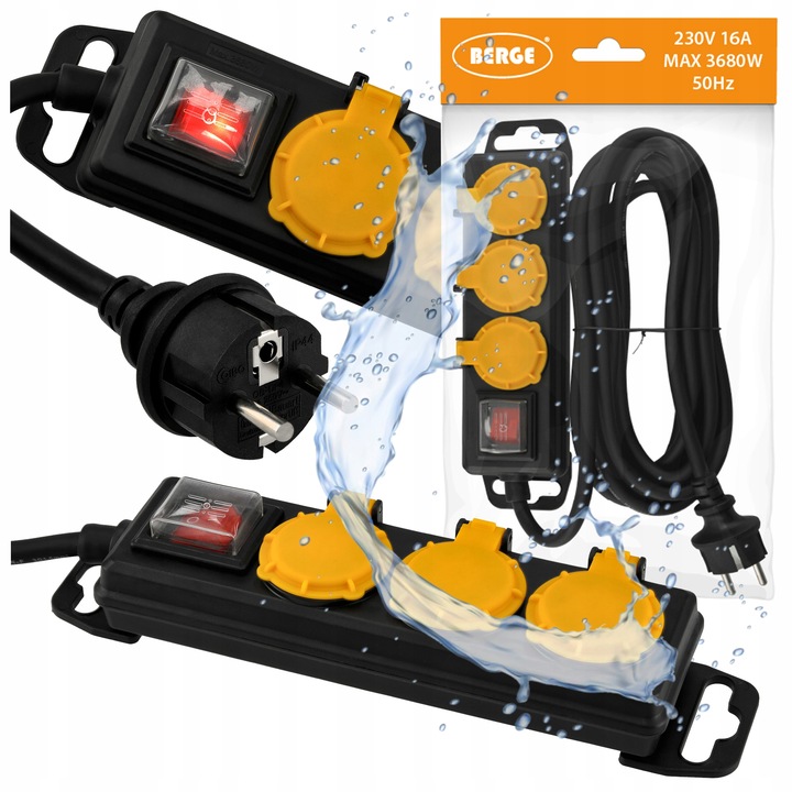 Przedłużacz Listwa Zasilająca 3 Gniazda 5m Wodoszczelny Z Wyłącznikiem IP44