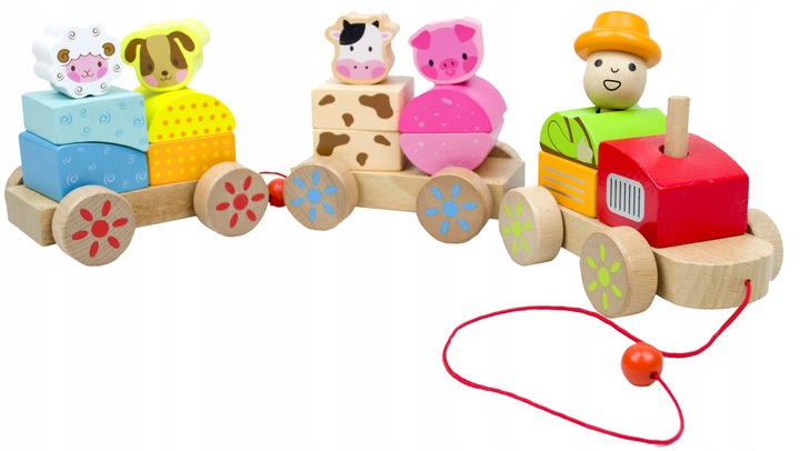 LT333 NOWY DREWNIANY POCIĄG Z WAGONAMI I KLOCKAMI WIEJSKA SCENERIA