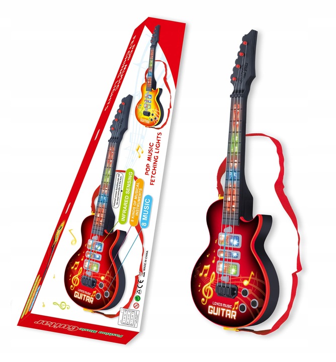 GITARA STRUNOWA DLA DZIECI ROCKOWA DUŻA 52 CM ZABAWKA MUZYCZNA LED 4 STRUNY