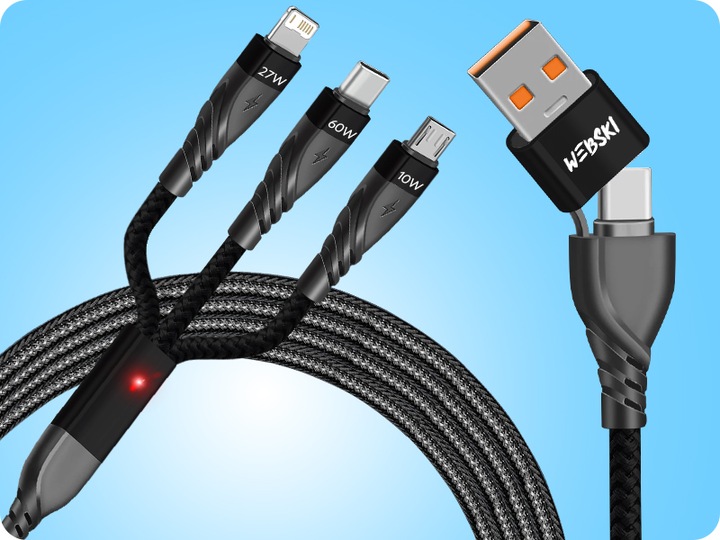 ŁADOWARKA SAMOCHDOWA DO TELEFONU 4xUSB A QC3.0 / USB C 20W KABEL 3W1 60W