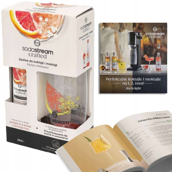 Baza do koktajli SodaStream Grejpfrut Kwiat Bzu 330ml + Butelka 1l+ książka