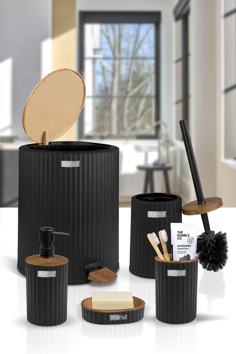 Zestaw łazienkowy 5 elementów Coliseum komplet do WC czarny drewno kosz