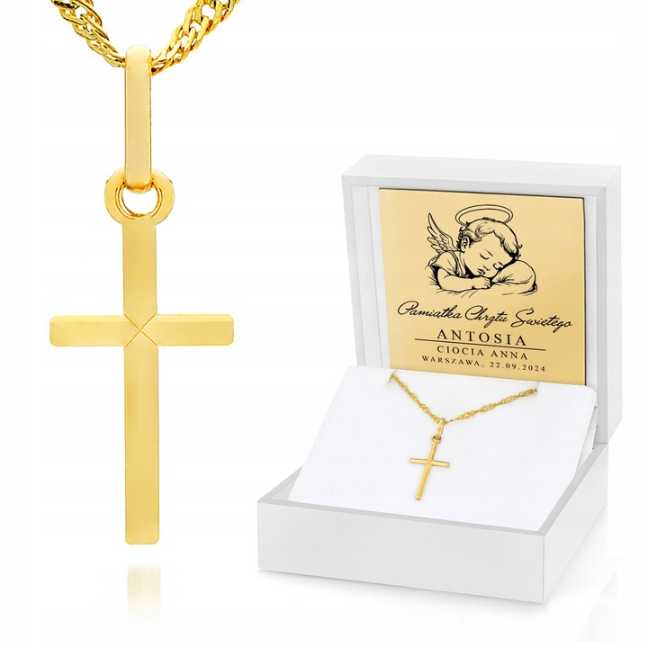 Złoty Łańcuszek Krzyżyk 585 Prezent Chrzest Pamiątka Chrztu Chłopca GRAWER