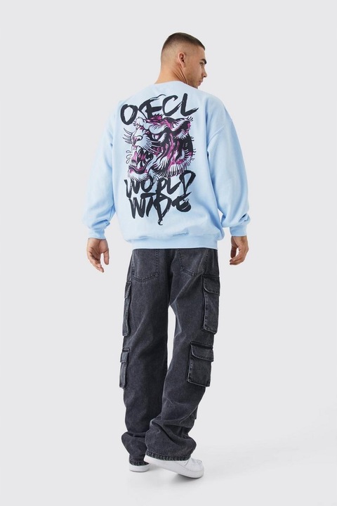 BLUZA NIEBIESKA DŁUGI RĘKAW DRESOWA KLASYCZNA PRINT TYŁ BOOHOOMAN L