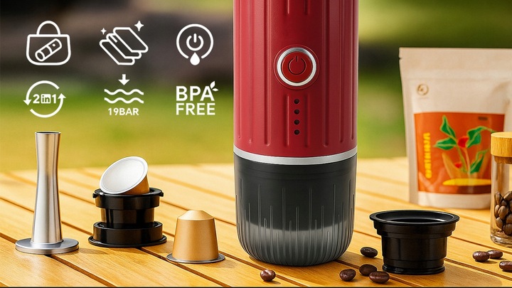 PRZENOŚNY MINI EKSPRES DO KAWY MIELONEJ KAPSUŁKI PODGRZEWA WODĘ 19 BAR 100W