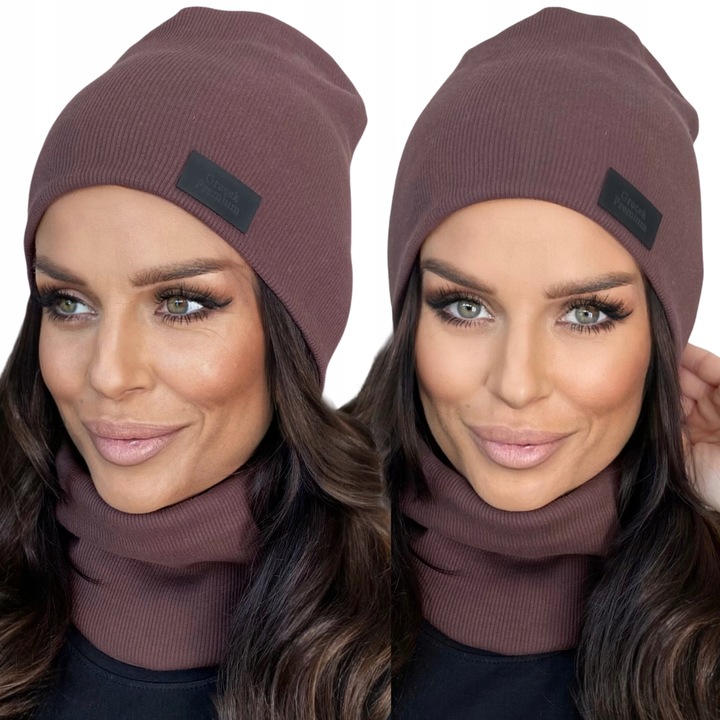 CIEPŁY KOMPLET DAMSKI CZAPKA+ KOMIN PRODUKT POLSKI MODNY ZIMOWY BRĄZOWY