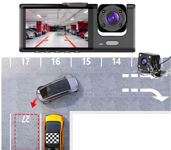 KAMERA SAMOCHODOWA WIDEOREJESTRATOR KADY FULL HD 3 KMAERY DO TAXI/UBER/BOLT