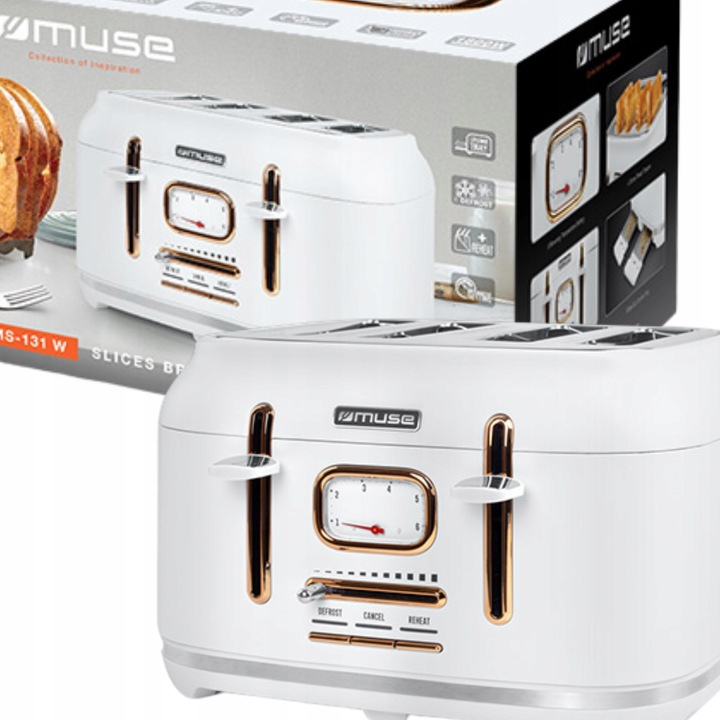 TOSTER OPIEKACZ 4 TOSTY RETRO 1800W NA 4 TOSTY BIAŁY/ZŁOTY MUSE MS-131W