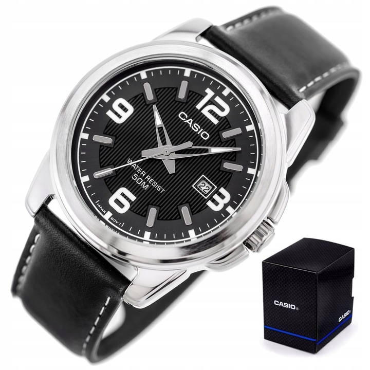 ZEGAREK MĘSKI CASIO MTP-1314 skórzany datownik + BOX +GRAWER