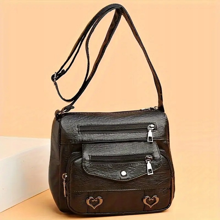 Torebka Damska MAŁA CZARNA na Ramię W serca Pojemna Kuferek Dużo Kieszonek