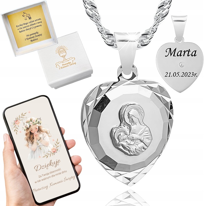 Srebrny łańcuszek i medalik komunijny z grawerem Matka Boska 45 cm prezent