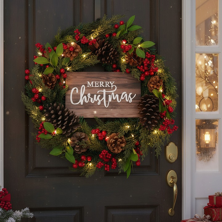 WIANEK WIENIEC DEKORACYJNY ŚWIĄTECZNY OZDOBA NA DRZWI STROIK CZERWONY 50CM