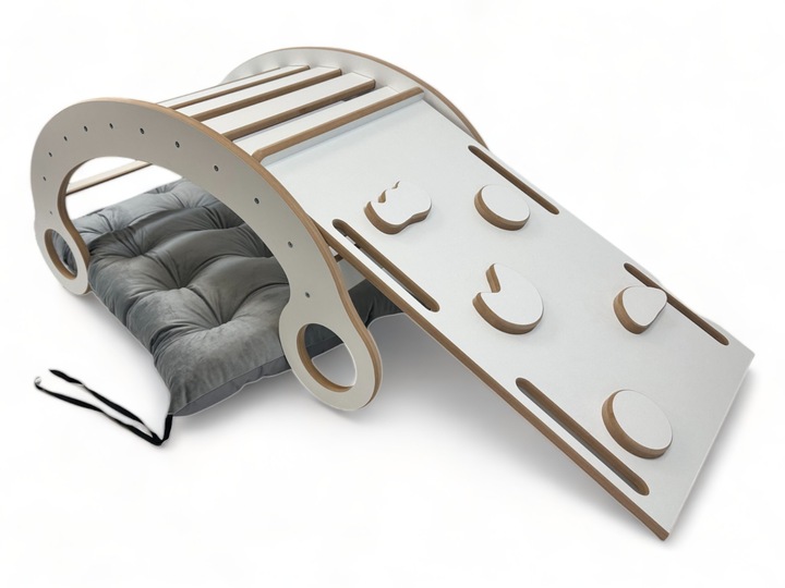 Drewniany Bujak Montessori dziecka +Poduszka Szara +Ścianka +Zjeżdżalnia CE