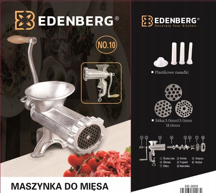 RĘCZNA MASZYNKA do MIELENIA Mięsa Żeliwna nr. 10 Nadziewarka 3 Sita Lejki