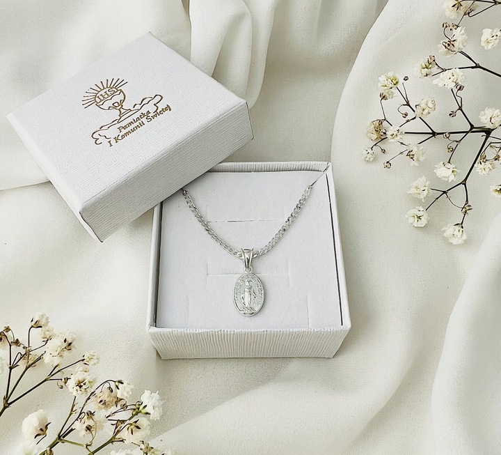 Srebrny łańcuszek 50 cm medalik Cudowny Matka Boska prezent komunia chrzest