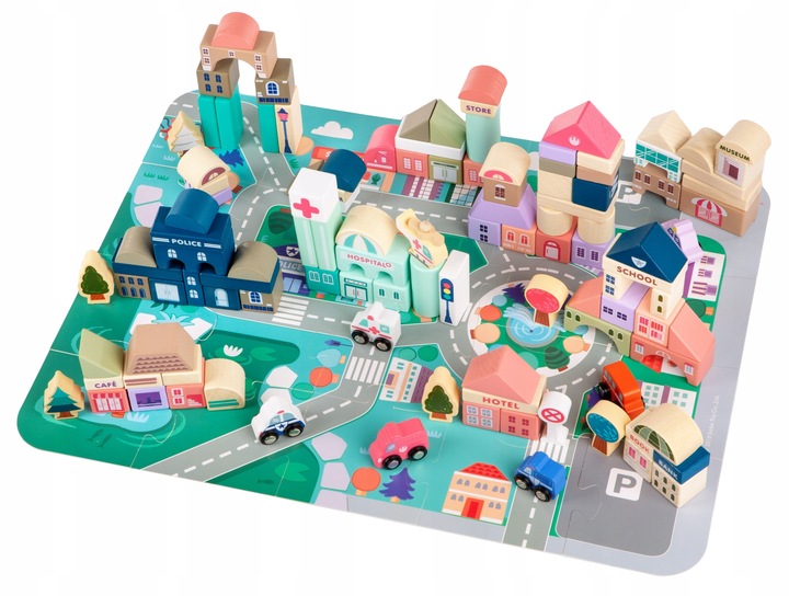 DREWNIANE KLOCKI ZESTAW DROGA MIASTO 115 ELEMENTÓW MATA POJAZDY AKCESORIA