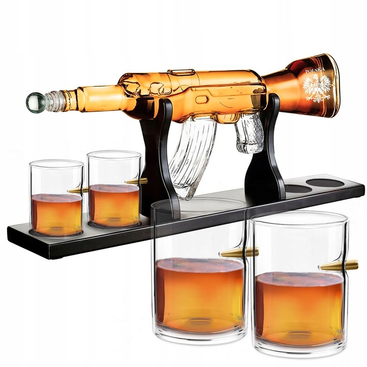 Zestaw do Whisky Karafka Karabin 4 Szklanki Grawer Prezent Urodziny Święta