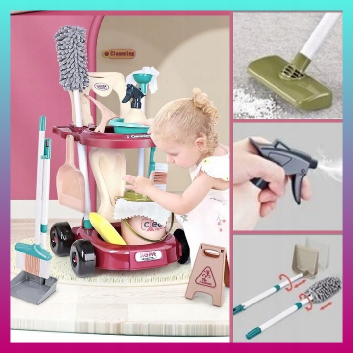 Duży DZIECIĘCY ZESTAW DO SPRZĄTANIA Wózek Mop Miotła Dla dzieci