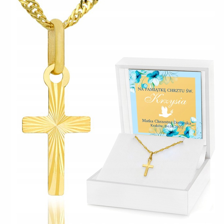 Złoty Krzyżyk z Łańcuszkiem na Chrzest dla Chłopca 585 Pamiątka Chrztu