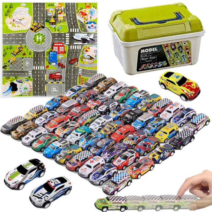 SAMOCHODZIKI Z NAPĘDEM 50 RESORAKI KUFEREK AUTKA METALOWE SAMOCHODY MAPA