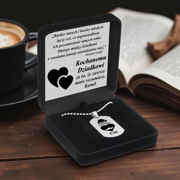 Grawerowany nieśmiertelnik stal 316L prezent + pudełko z dedykacją