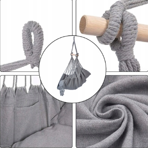 KRZESŁO BRAZYLIJSKIE FOTEL WISZĄCY HAMAK HUŚTAWKA JASNY SZARY Z PODUSZKAMI