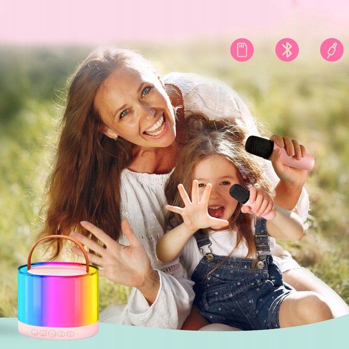 ZESTAW KARAOKE GŁOŚNIK BLUETOOTH 2 MIKROFONY USB MINI JACK NA IMPREZY