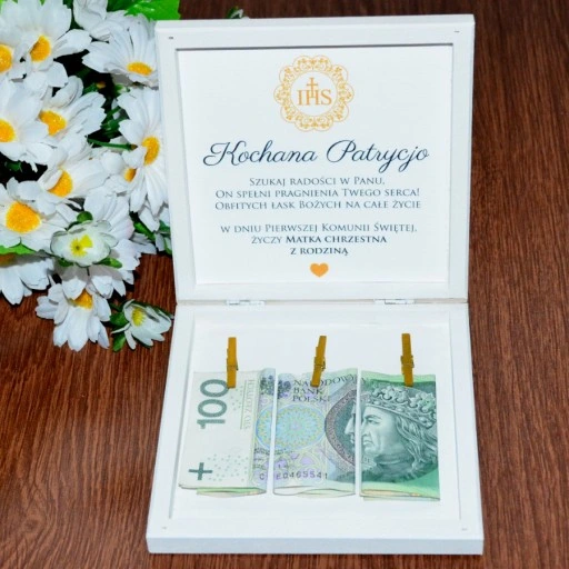 Pudełko ala koperta Pamiątka I Komunii na pieniądze prezent chrzestnej