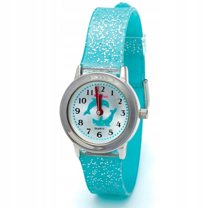 Girls' wrist watch with glitter. Includes exercises for learning the time.