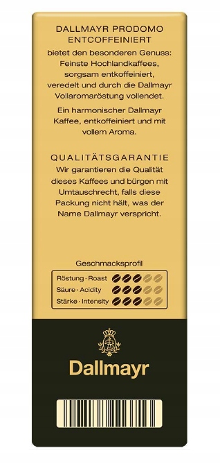 Dallmayr Prodomo Entcof. bezkofeinowa kawa mielona 500g Import z Niemiec