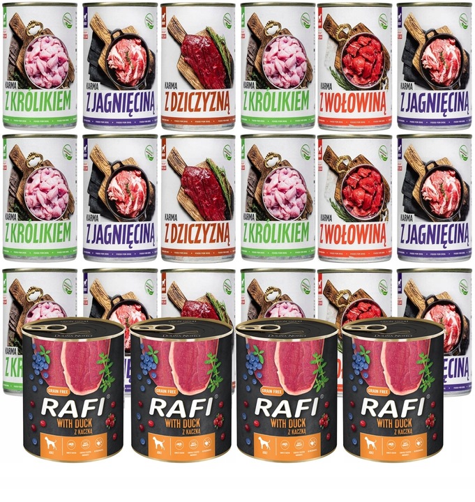 MOKRA KARMA DLA PSA 24 x 400g. RAFI + TUF TUF MIX SMAKÓW 9,6 kg W PUSZCE