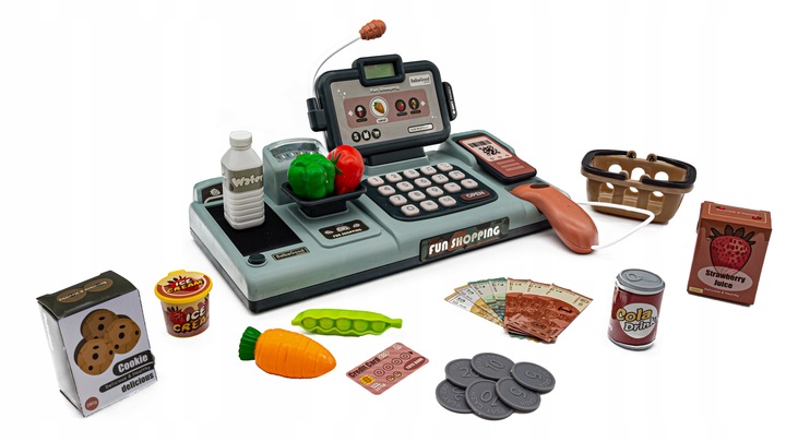 Edukacyjna Sklepowa Kasa Fiskalna Mikrofon Waga Koszyk Czytnik Kodów Monety