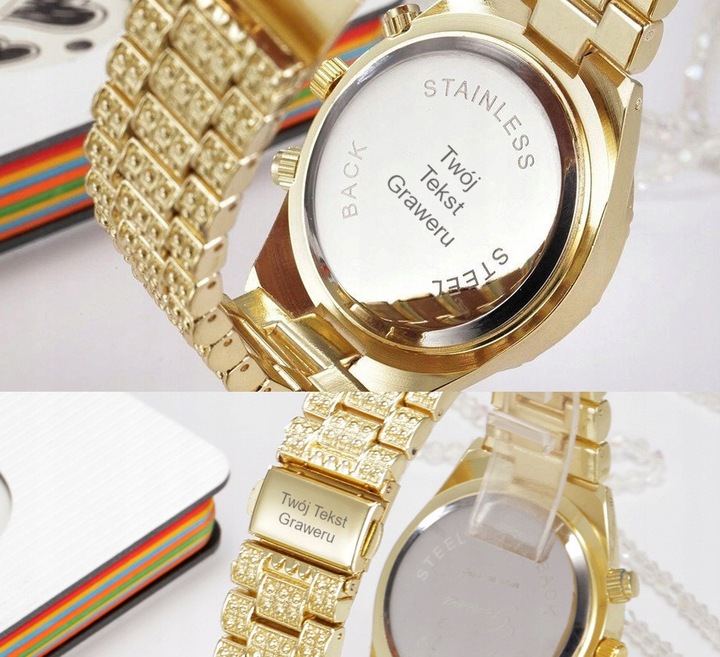 ZŁOTY ZEGAREK DAMSKI Z KRYSZTAŁAMI NA BRANSOLECIE 585 NA PREZENT DLA ŻONY