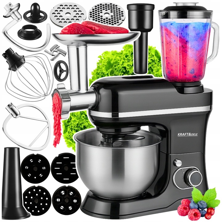 ROBOT PLANETARNY KUCHENNY MIKSER Z MISĄ BLENDER SZKLANY I MASZYNKA DO MIĘSA