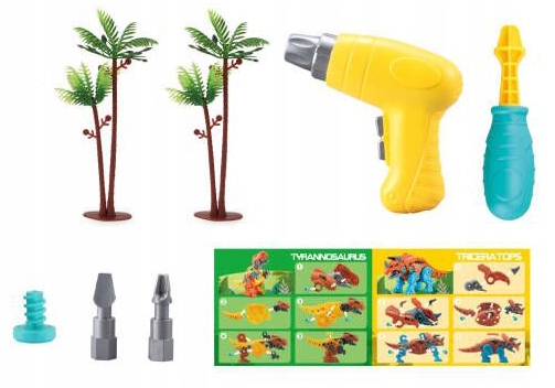 DINOZAURY DO SKRĘCANIA ROZKRĘCANIA z wkrętarką Zestaw 4 FIGURKI kuferek