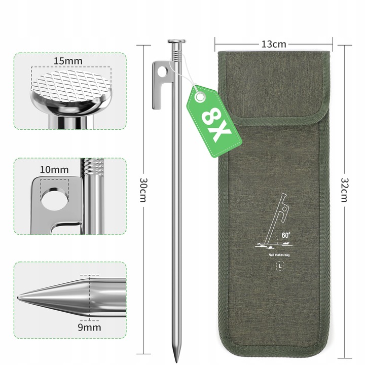 kotwy do trampoliny Solidne kotwa do ziemi 9mm 30cm 8szt z workiem srebrny