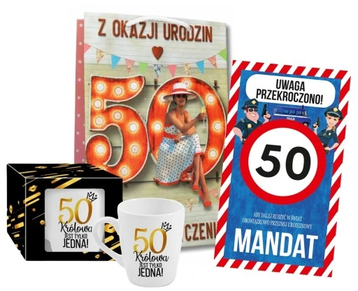 Kubek Torebka Kartka PREZENT na 50 URODZINY DLA KOBIETY, 50tkę