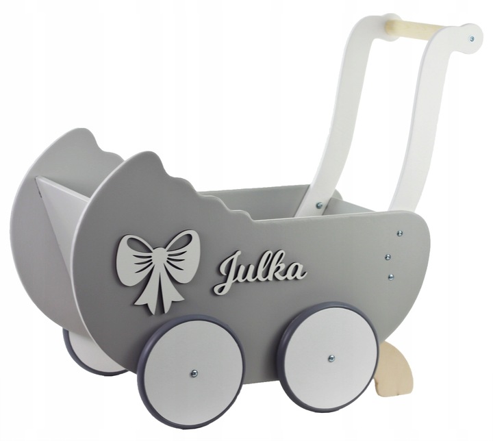 drewniany WÓZEK DLA LALEK +IMIĘ + POŚCIEL +stopery