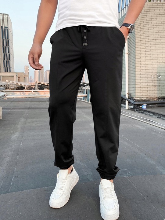 CZARNE SPODNIE DRESOWE JOGGERY KLASYCZNE GŁADKIE GUZIKI SHEIN S